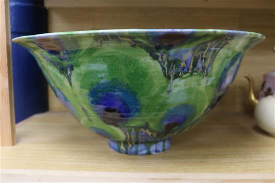 A Dartington Pottery Peacock design large bowl by Janice Tchalenko, Dia 42cm